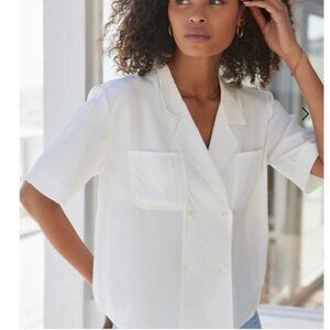 AYR The Doppio Silk Double Breasted Button Down Shirt Short Sleeve Soft White